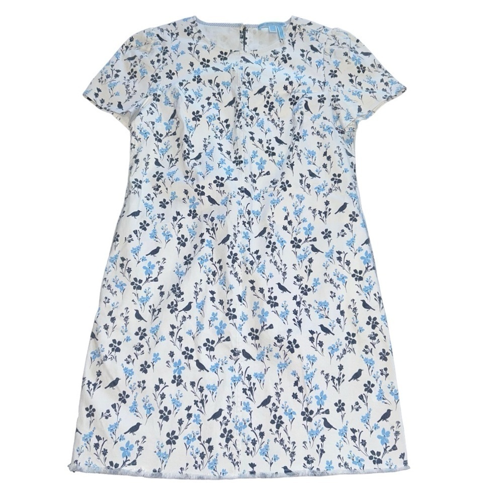 DRAPER JAMES BIRD & FLORAL PRINT DENIM SHIFT DRESS WITH FRAYED HEM sz 10